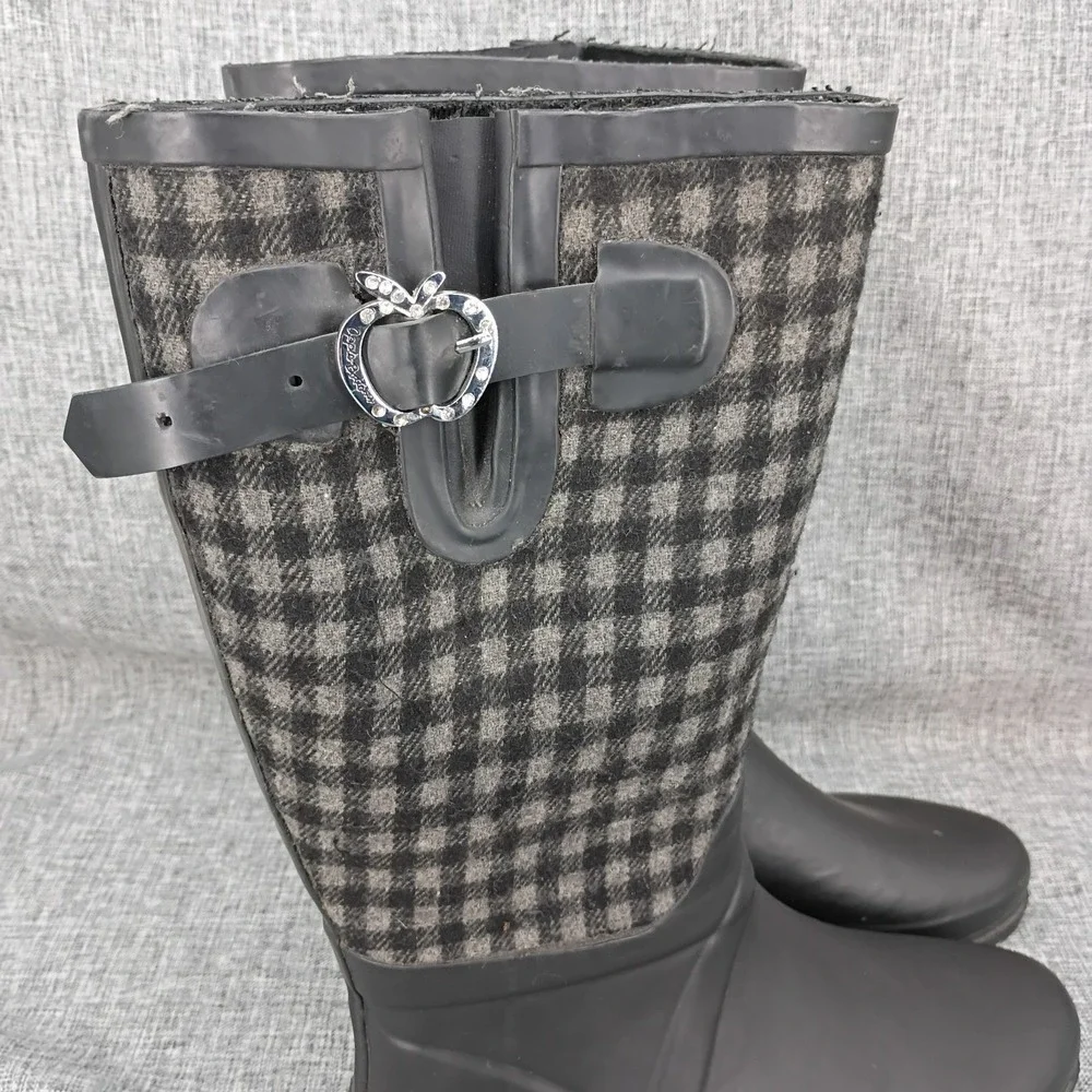 Apple Bottoms Womens 8 Plaid Rain Boots Black Gray Rhinestone Buckle Y2K Rubber